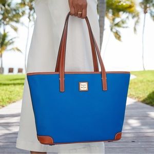 Dooney & Bourke Blue + Brown Leather Charleston Bag with gold zippers